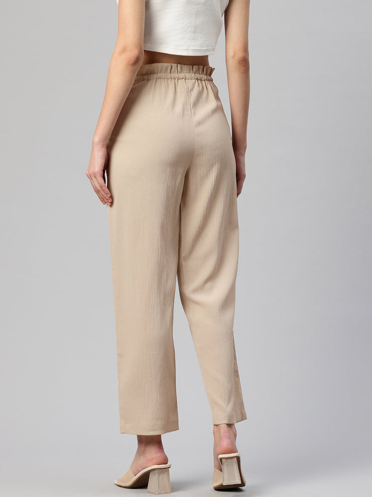 Beige Textured High-Rise Trousers