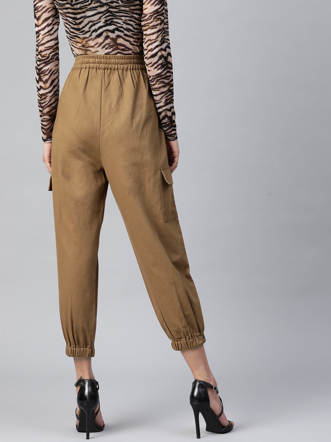 Women Khaki High-Rise Cargo Joggers