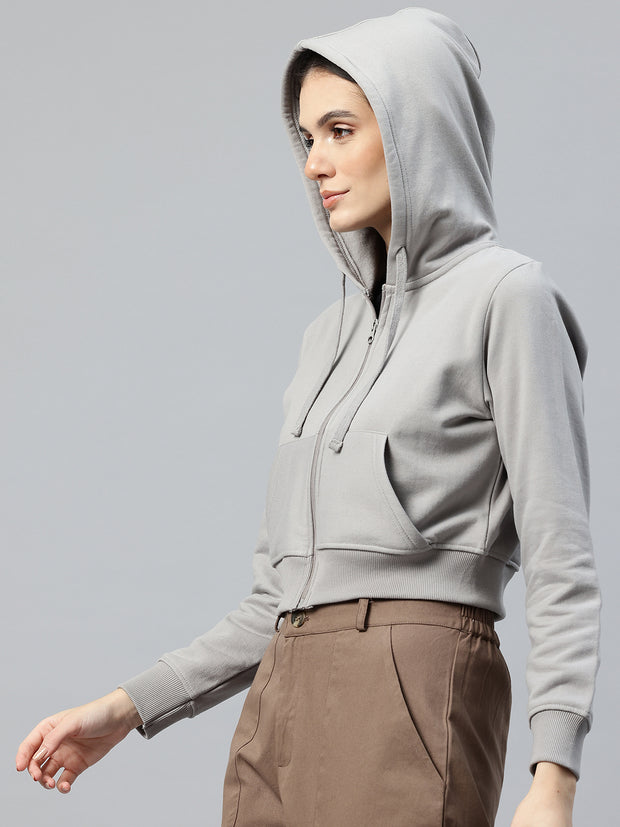 Grey Fleece Crop Hooded Sweatshirt