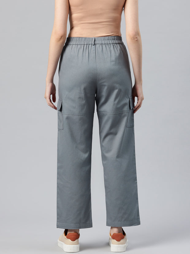 Grey Cotton High-Rise Cargos Trousers