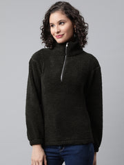 Women Olive Green Faux Fur Sweatshirt, Half Zipper