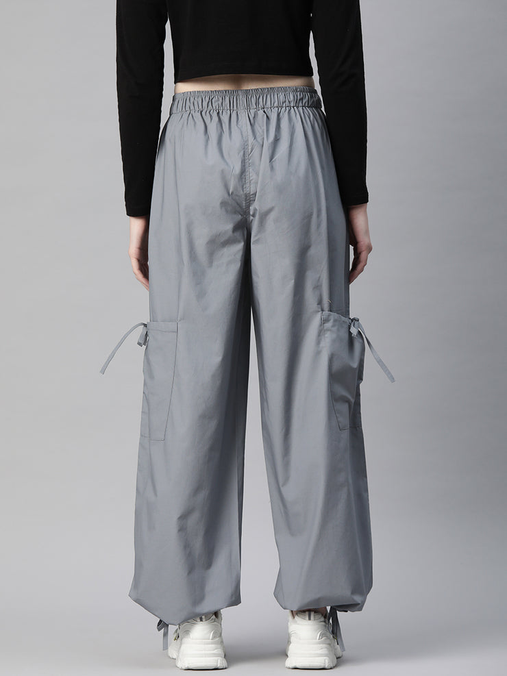 Grey Loose Fit High-Rise Pure Cotton Parachute Cargo Trouser