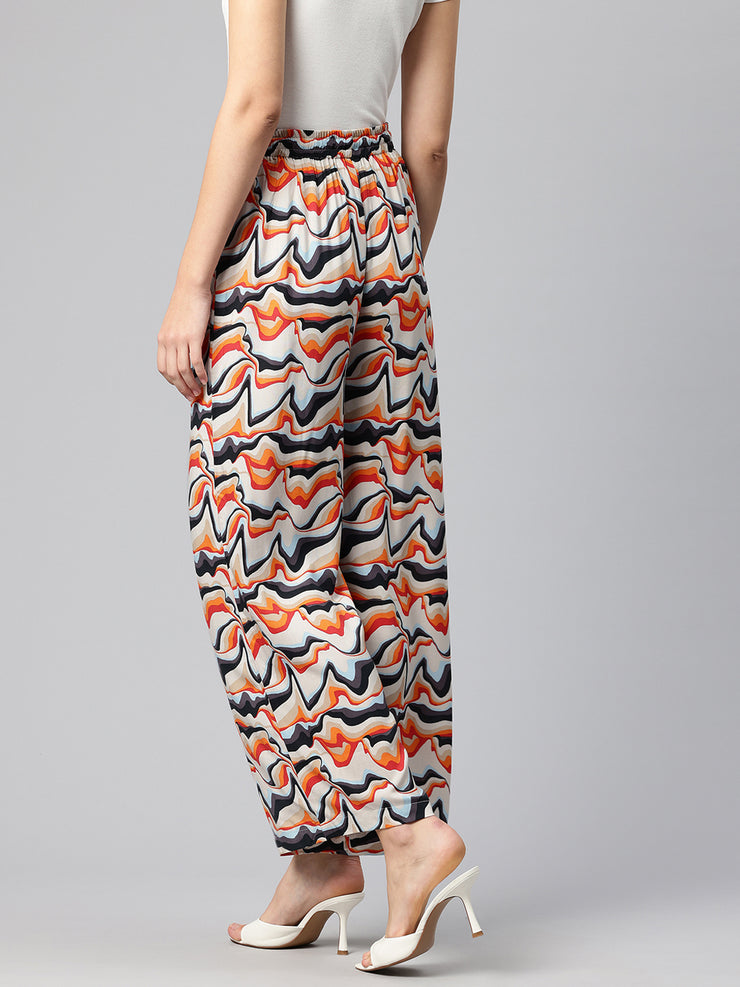 White Women Printed Loose Fit High-Rise Trousers