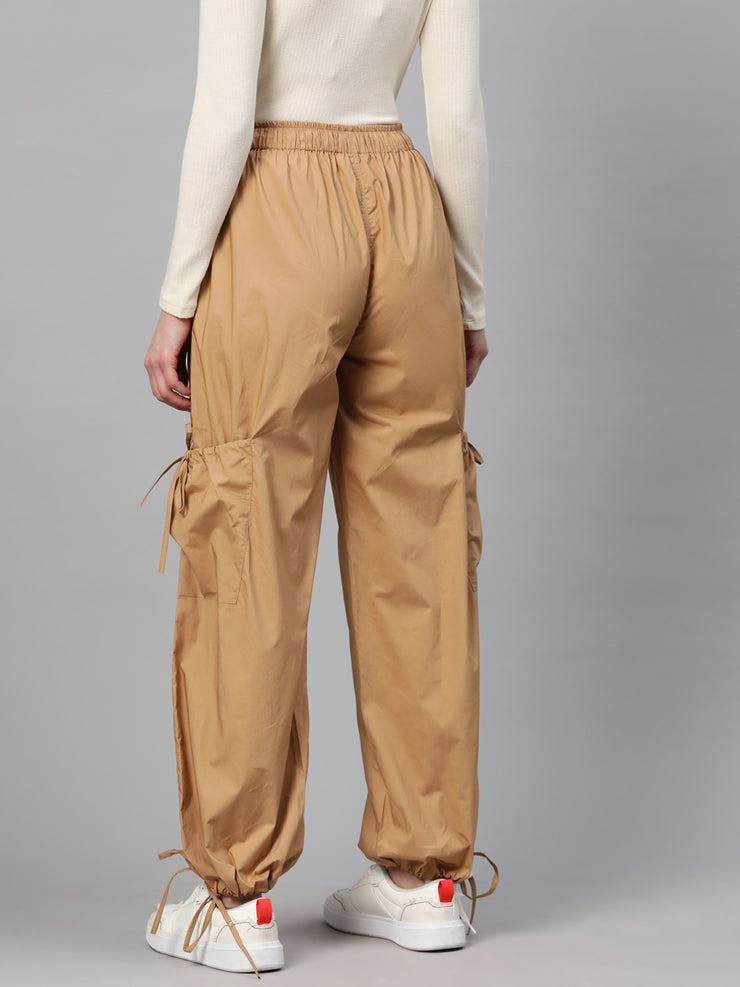 Camel Brown Loose Fit High-Rise Pure Cotton Parachute Cargo Trouser