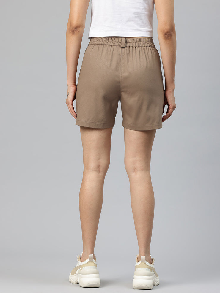 Taupe High-Rise Pure Cotton Cargo Shorts