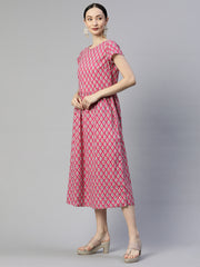 Pink Abstract Printed Cotton A-Line Dress