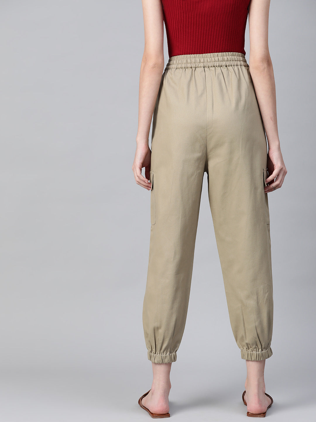 Women Beige Cotton Cropped Joggers