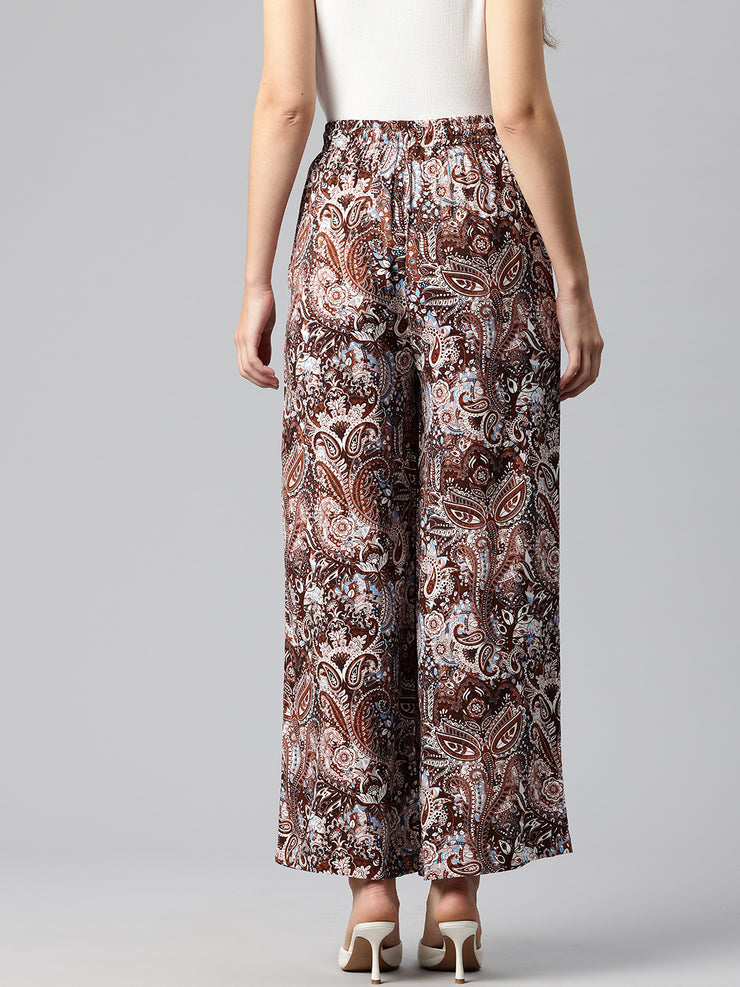 Brown Women Ethnic Motifs Printed Loose Fit High-Rise Trousers