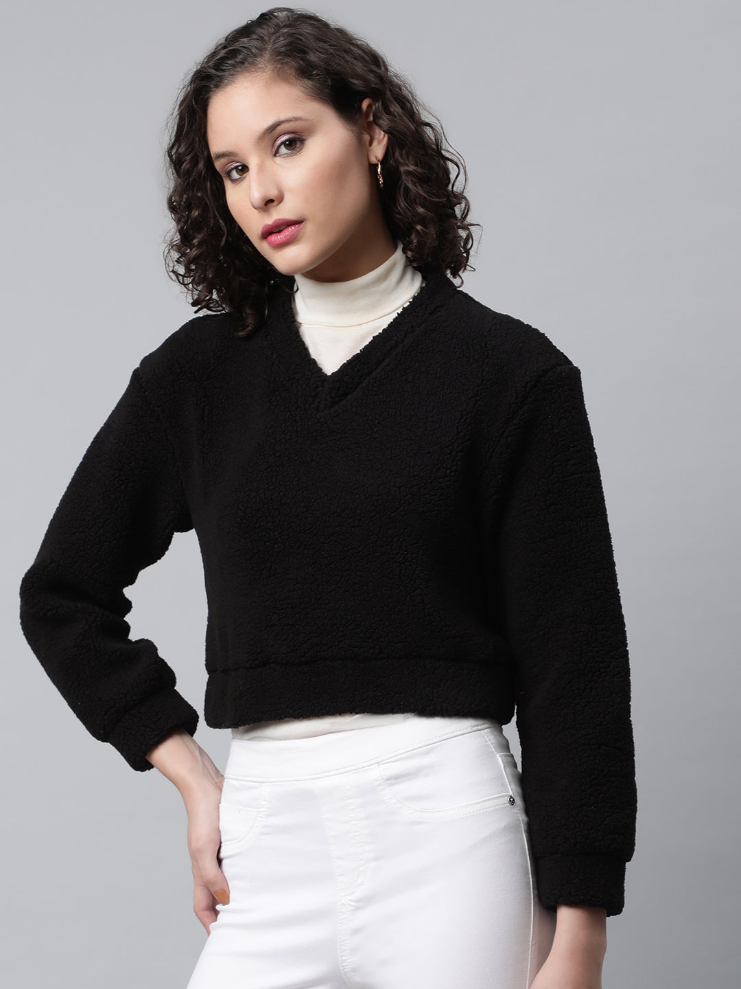 Black Cropped Faux Fur Sweatshirt
