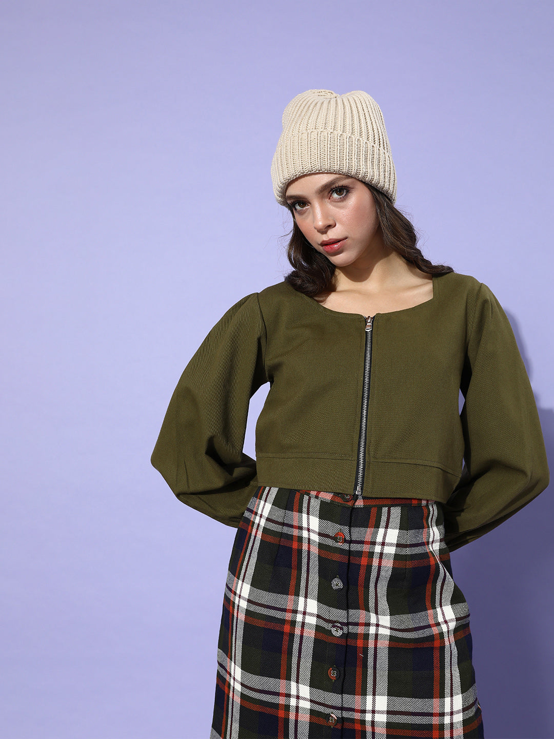 Women Lovely Olive Green Solid Pure Cotton Cropped Jacket