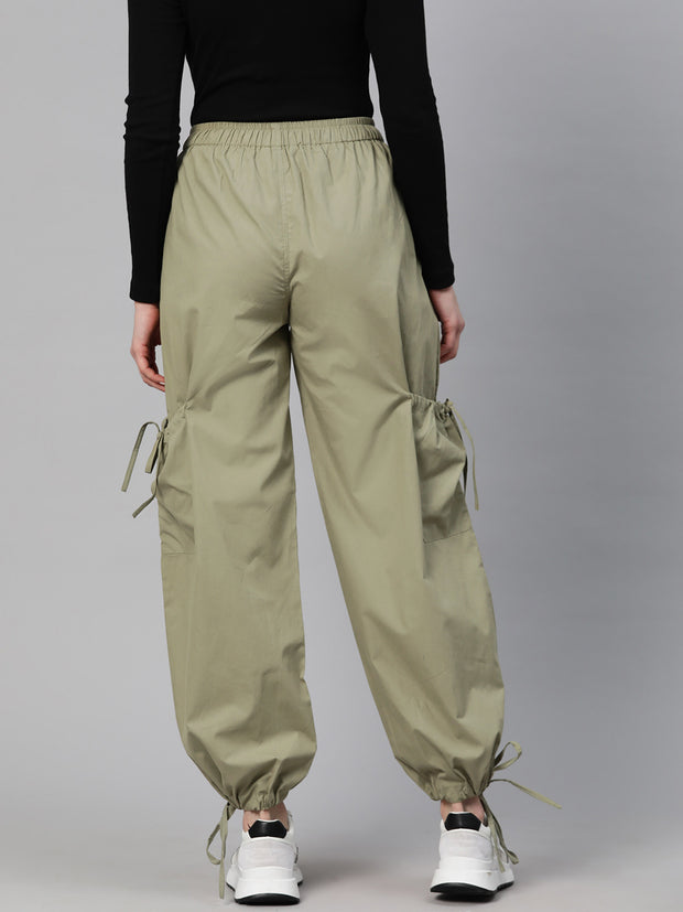 Green Loose Fit High-Rise Pure Cotton Parachute Cargo Trouser