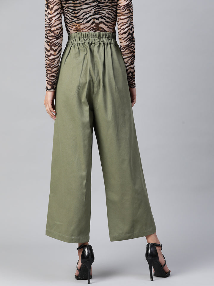 Women Olive Green Cotton Cropped Parallel Trousers