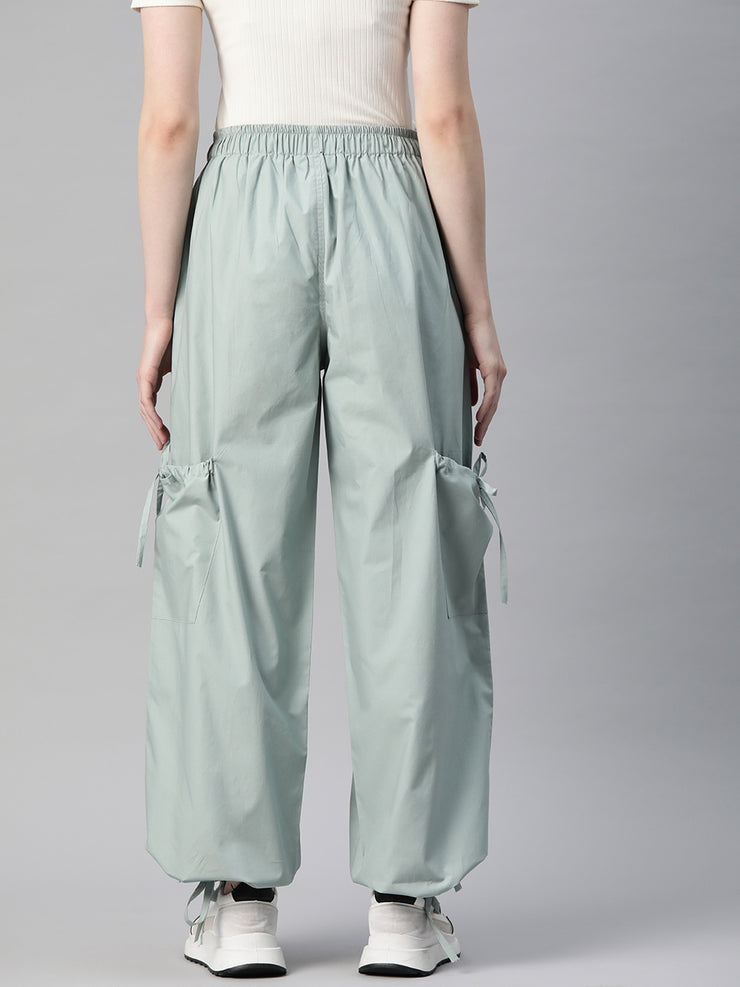 Sea Green Loose Fit High-Rise Pure Cotton Parachute Cargo Trouser