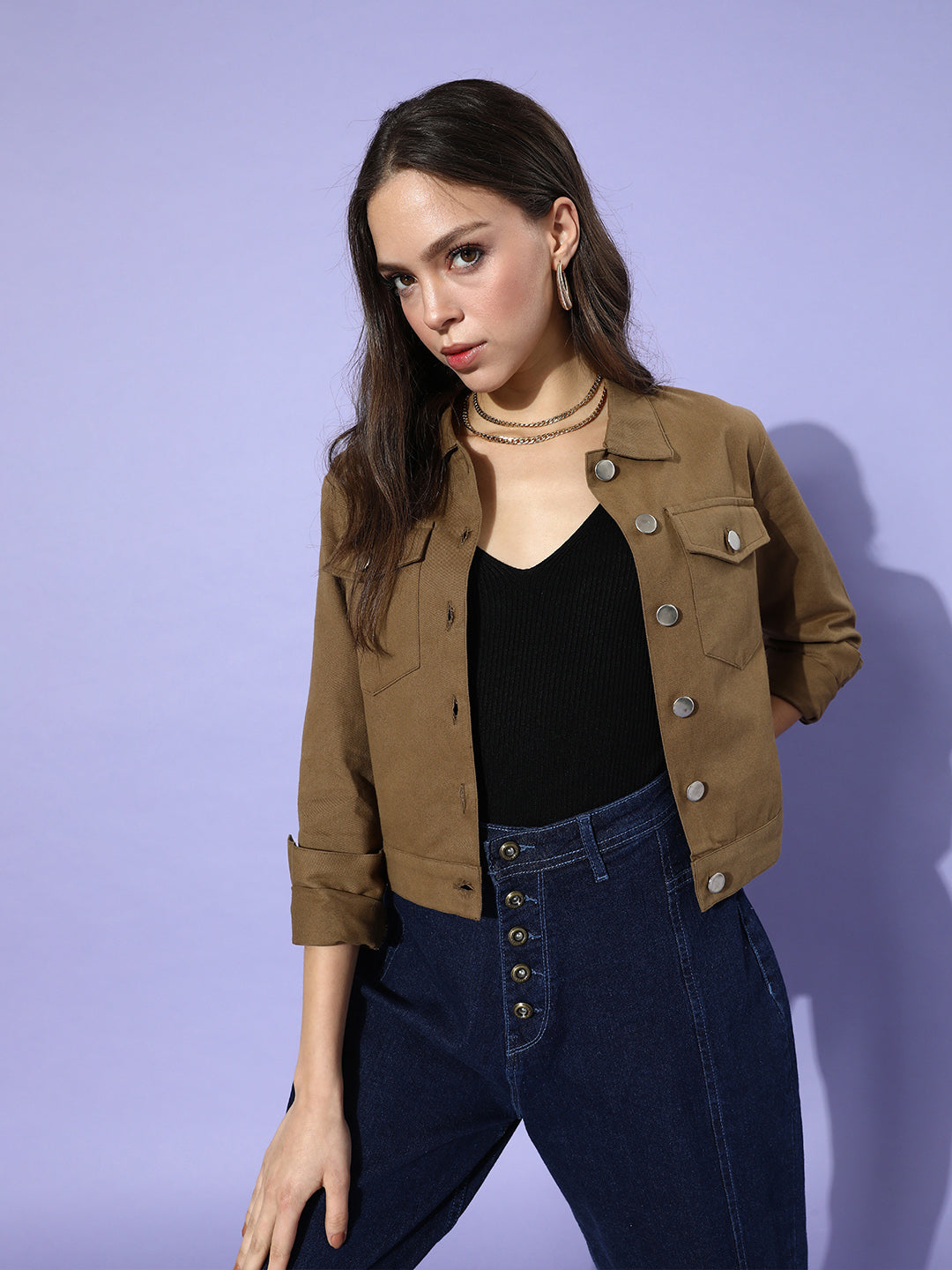 Khaki Solid Pure Cotton Denim Trucker Jacket