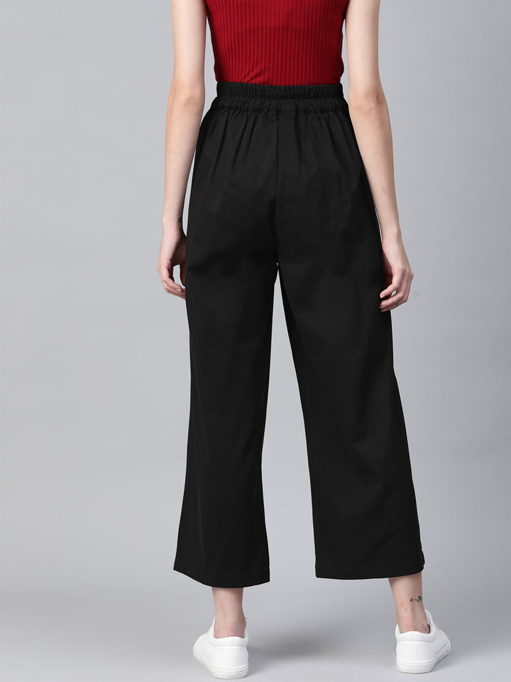 Women Black Cotton Cropped Parallel Trousers