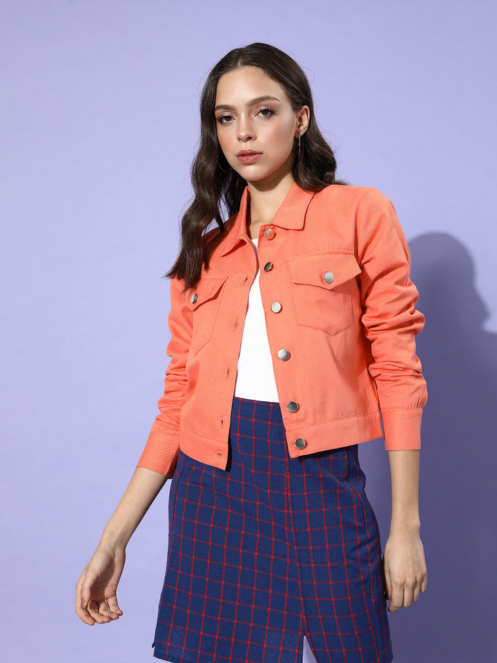 Attractive Peach Solid Pure Cotton Denim Trucker Jacket