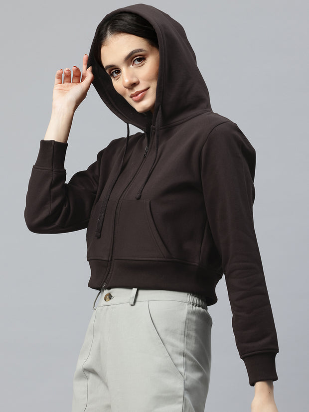 Brown Crop Fleece Hooded Sweatshirt