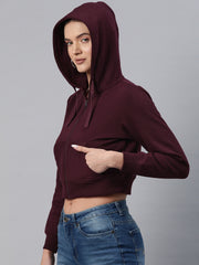 Burgundy Hooded Cropped Fleece Sweatshirt