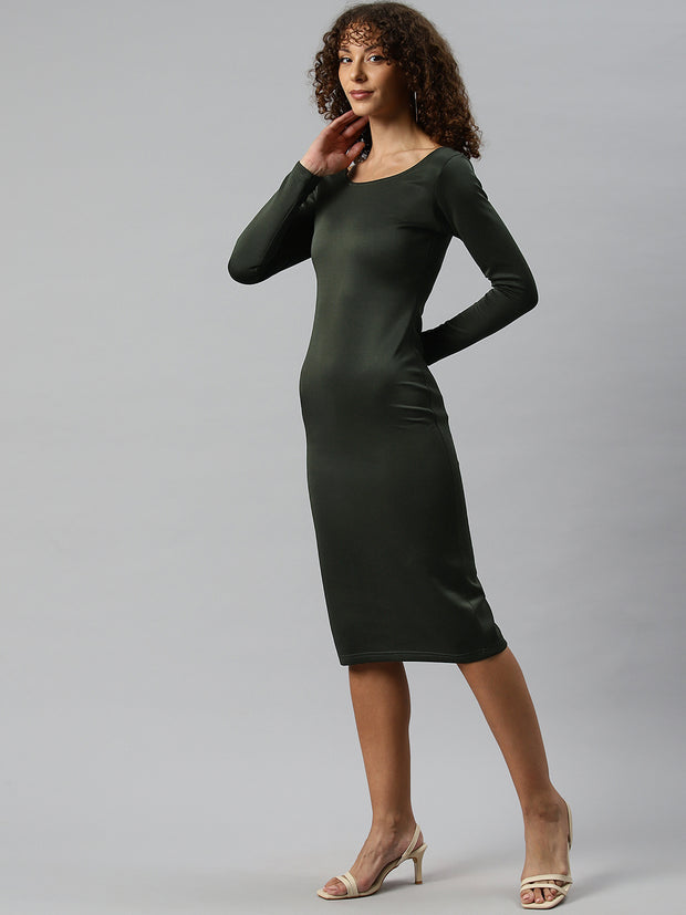 Olive Green Scuba Bodycon Midi Dress