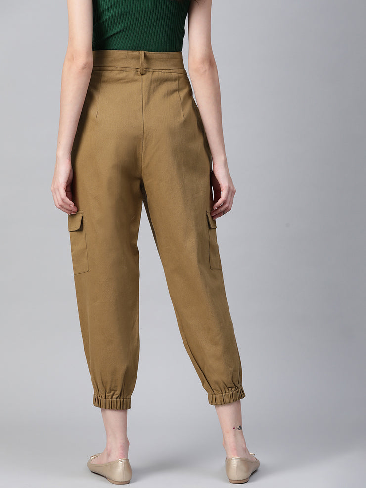 Women Khaki High-Rise Cargo Joggers with Belt