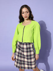 Women Fluorescent Green Solid Pure Cotton Cropped Jacket