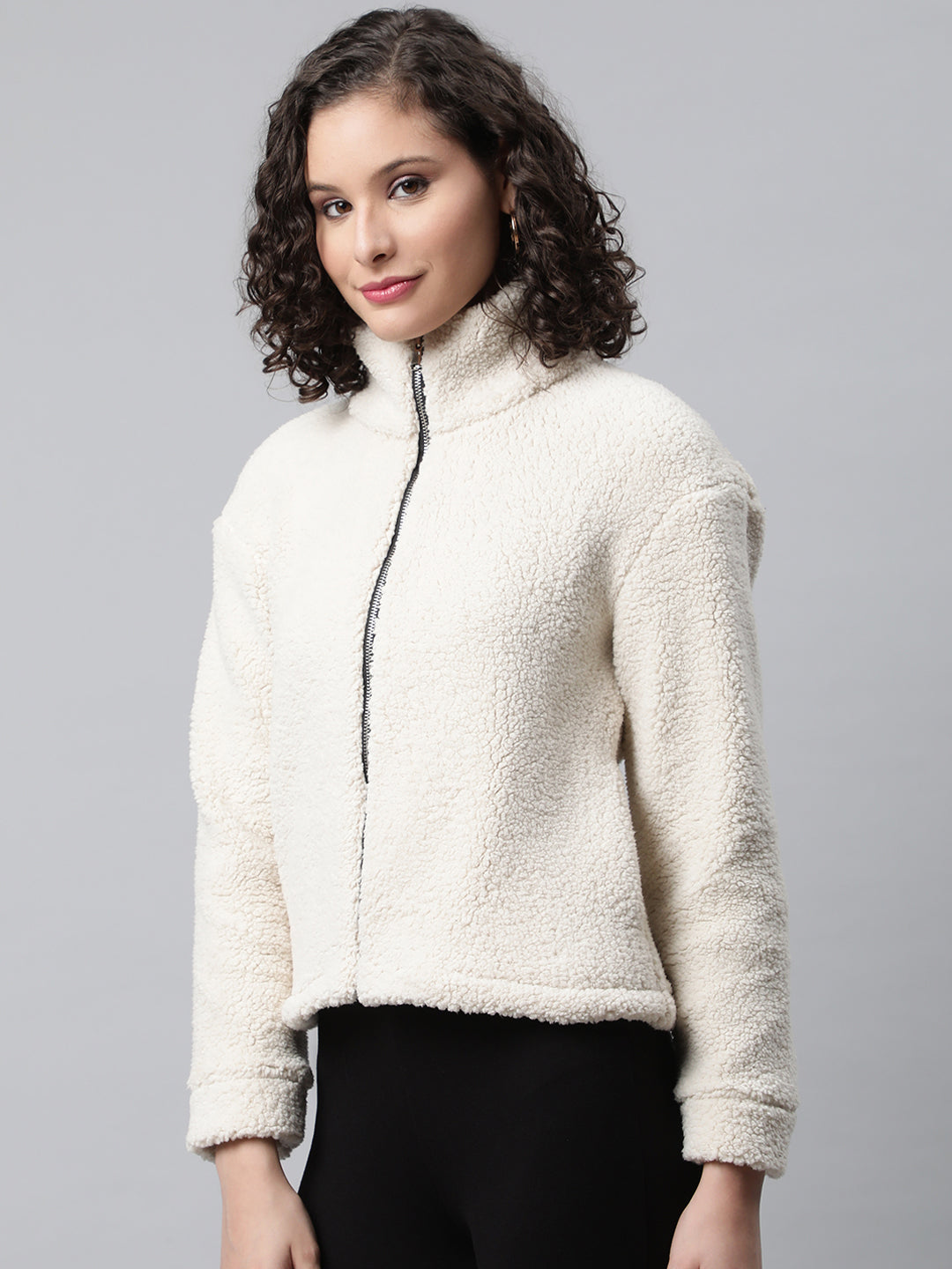 Woman Off White Faux-Fur Sweatshirt, Full Zipper