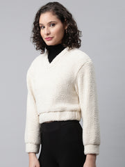 Women Off White Cropped Faux Fur Sweatshirt