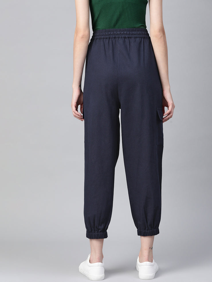 Women Blue Cotton Cropped Joggers