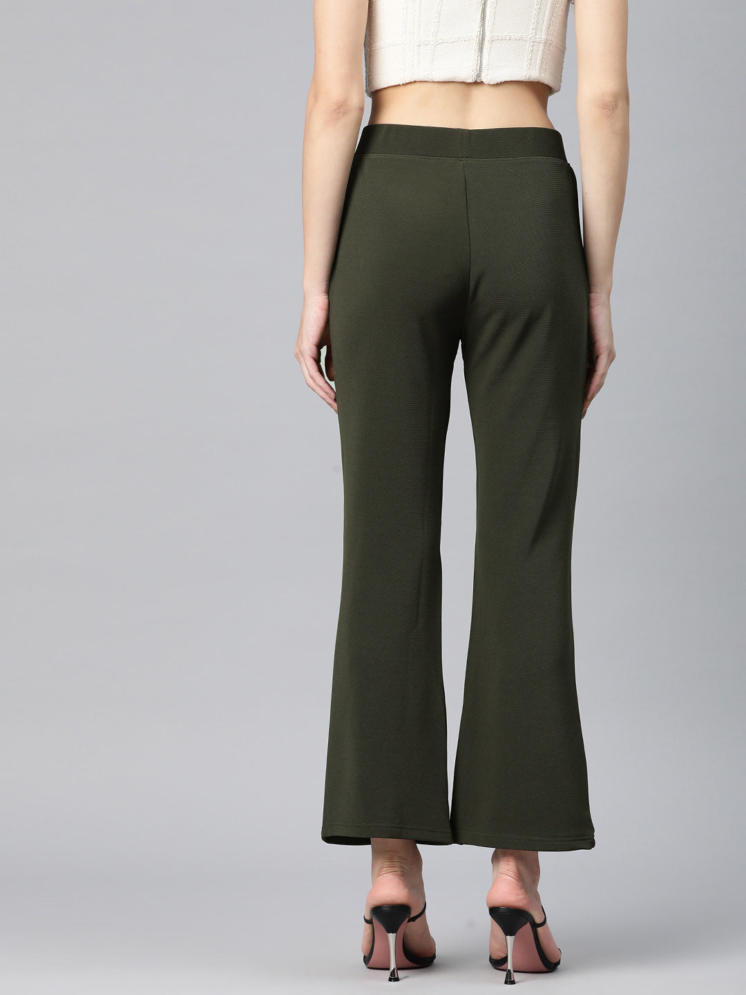 Olive Green Slim Fit High-Rise Bootcut Trousers