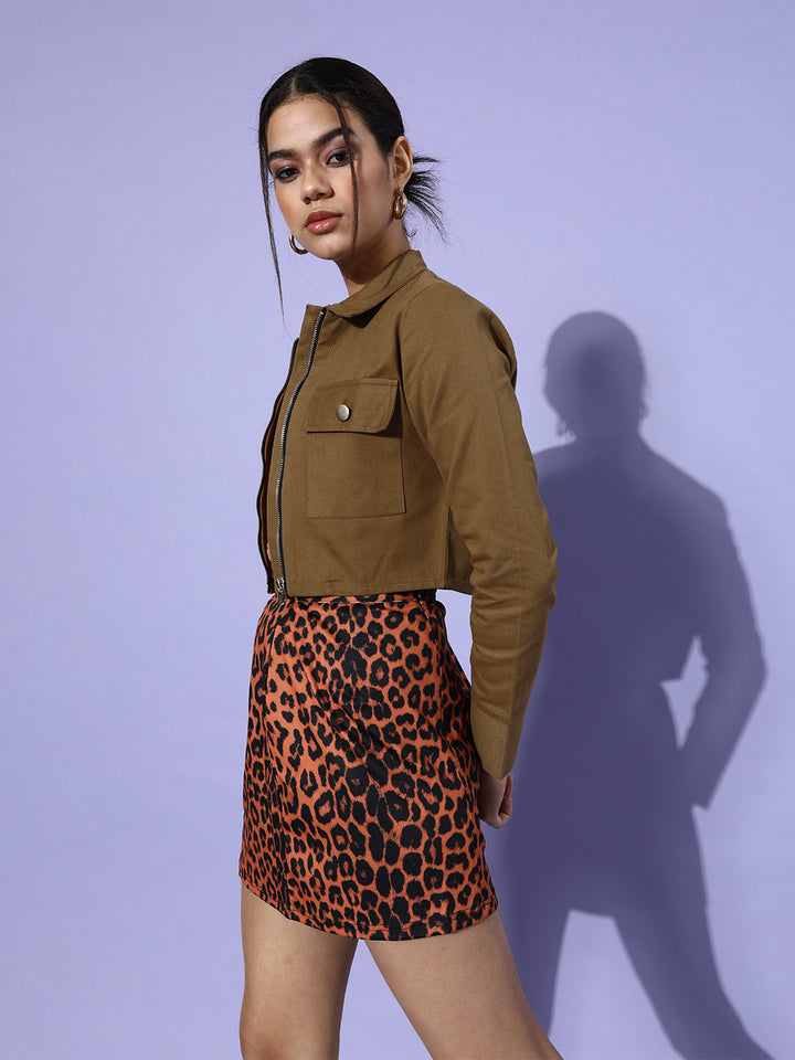 Khaki Solid Pure Cotton Cropped Jacket