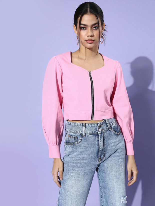 Women Pink Solid Pure Cotton Cropped Jacket