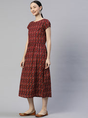 Maroon Floral Printed Cotton A-Line Dress
