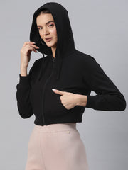 Black Hooded Cropped Fleece Sweatshirt