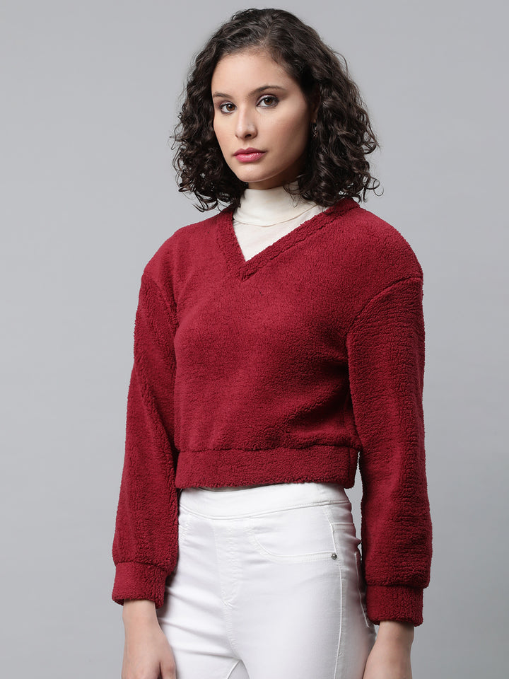 Maroon Cropped Faux Fur Sweatshirt