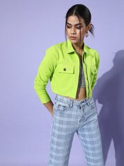 Women Attractive Fluorescent Green Solid Pure Cotton Denim Trucker Jacket