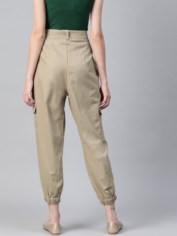 Women Beige High-Rise Cargo Joggers with Belt