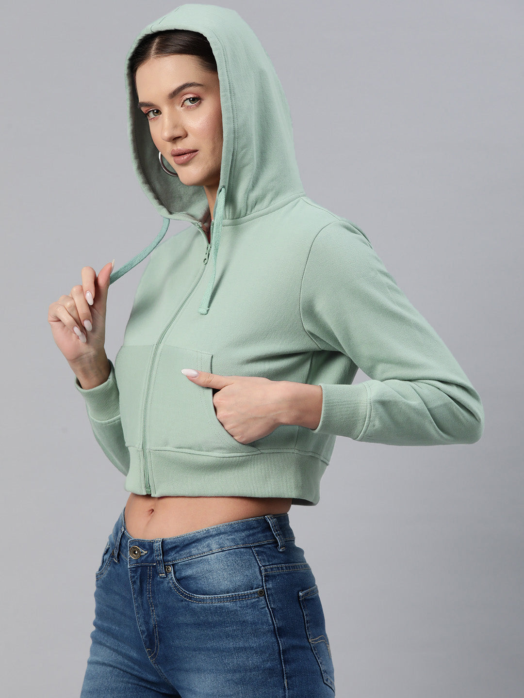Sea Green Hooded Cropped Fleece Sweatshirt