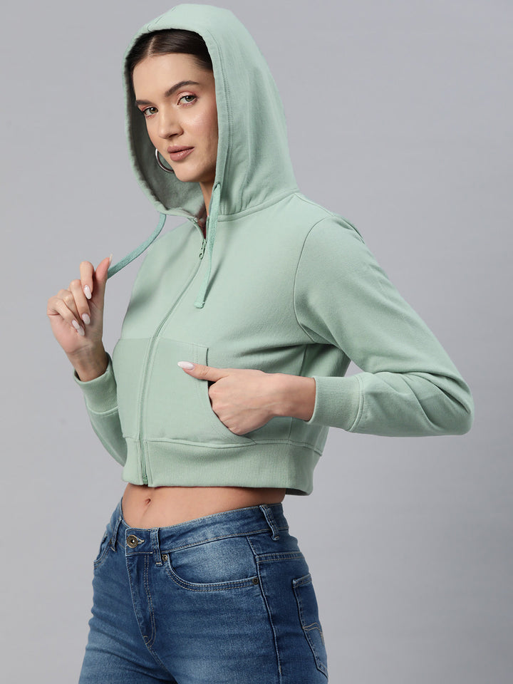 Sea Green Hooded Cropped Fleece Sweatshirt