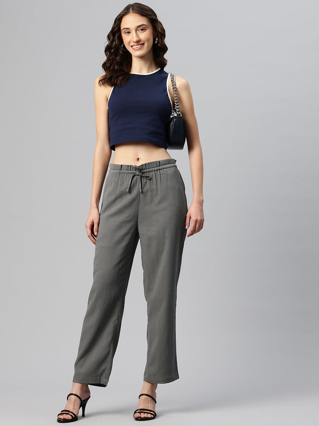 Grey Textured High-Rise Trousers