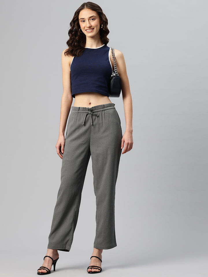 Grey Textured High-Rise Trousers