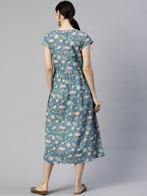 Turquoise Floral Printed Cotton A-Line Dress