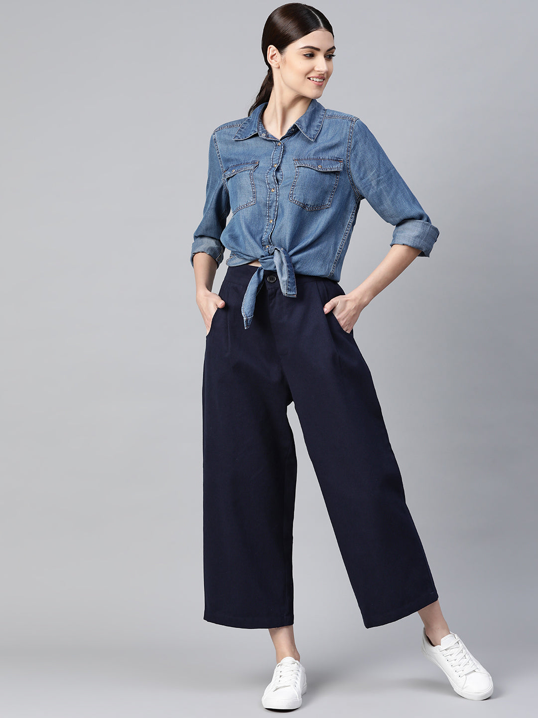 Women Blue Cotton Cropped Parallel Trousers