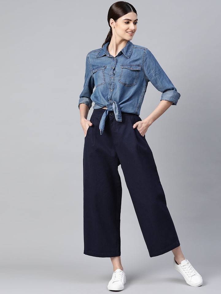 Women Blue Cotton Cropped Parallel Trousers