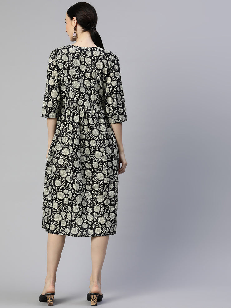 Black Floral Cotton A-Line Midi Dress with Pocket