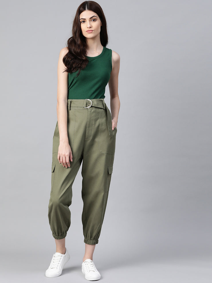 Women Olive Green  Cotton Cropped Cargo Joggers with Belt