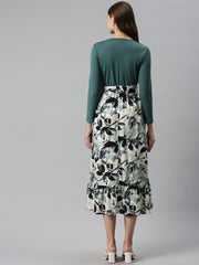 Teal and White Floral Print A-Line Tiered Midi Dress with Belt