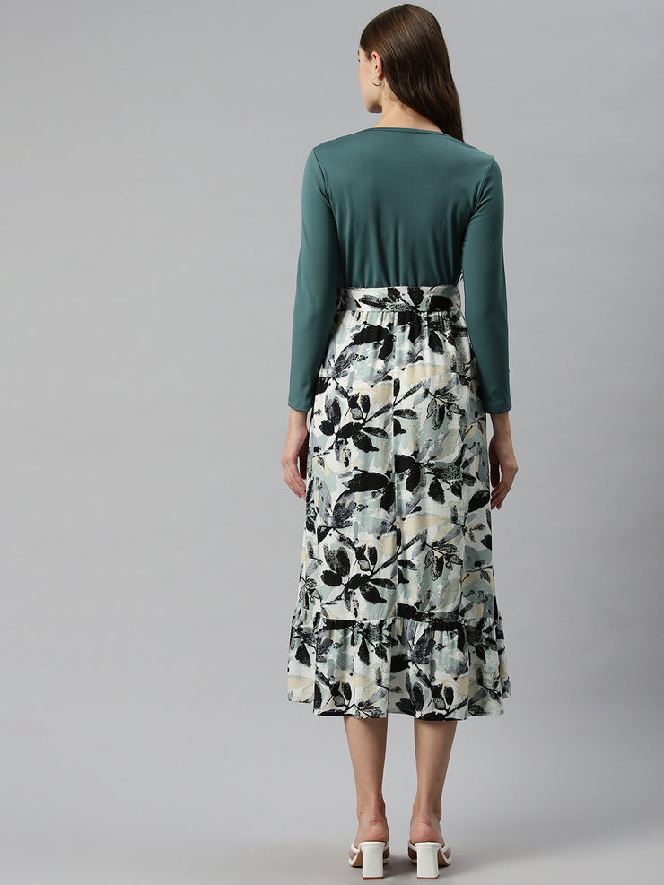 Teal and White Floral Print A-Line Tiered Midi Dress with Belt