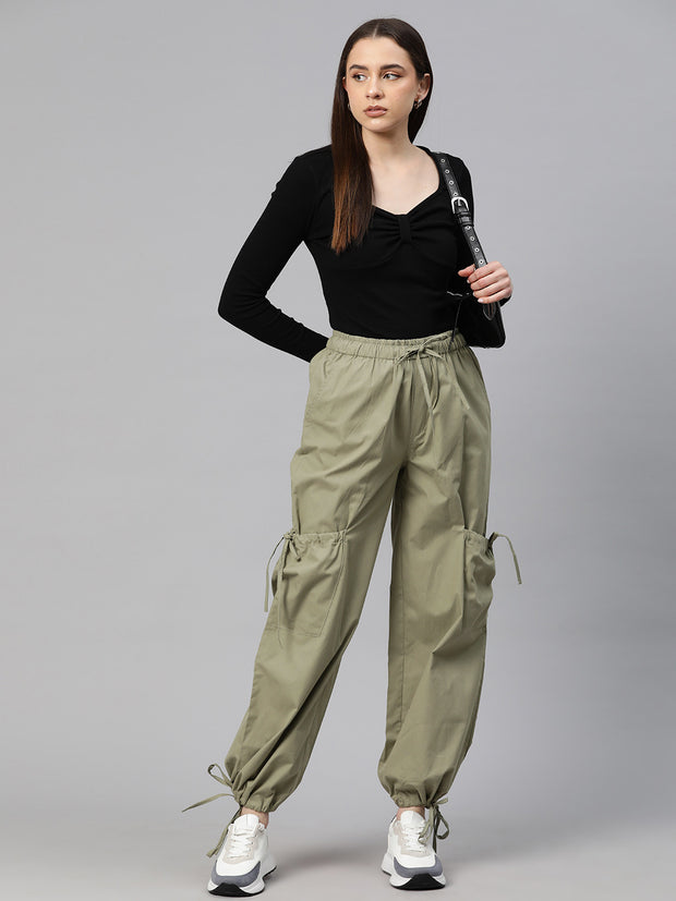 Green Loose Fit High-Rise Pure Cotton Parachute Cargo Trouser