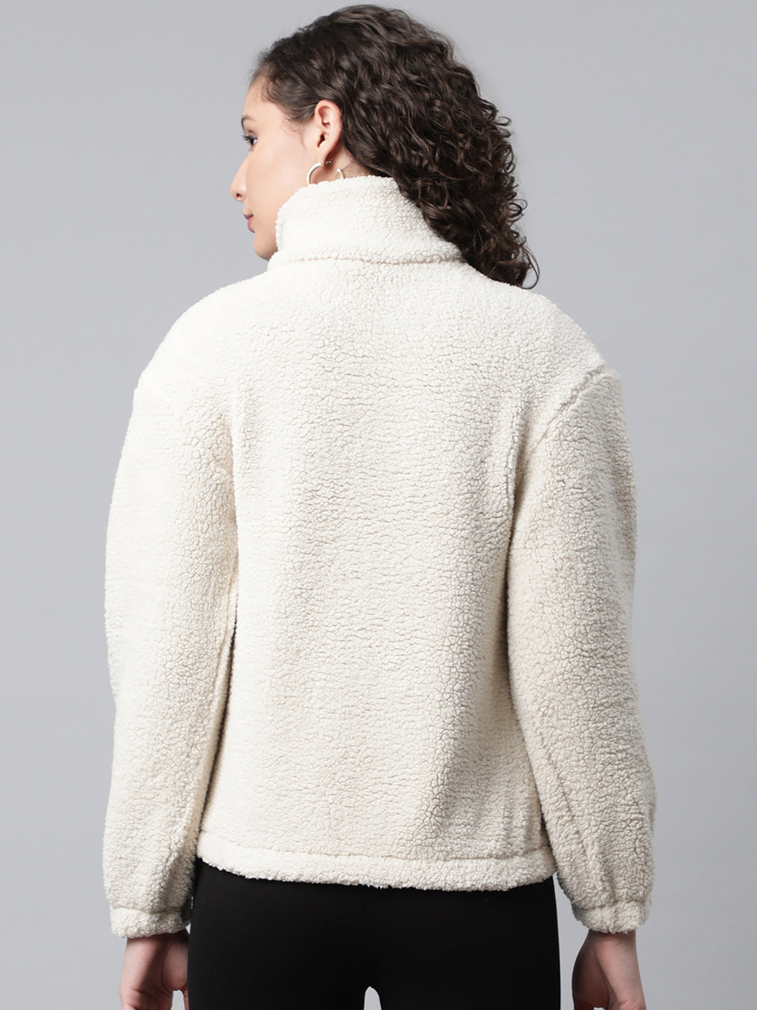 Women Off White Faux Fur Sweatshirt, Half Zipper