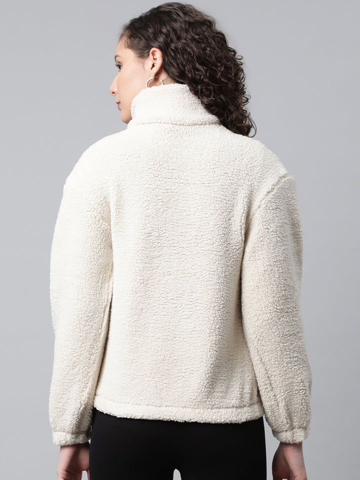 Women Off White Faux Fur Sweatshirt, Half Zipper